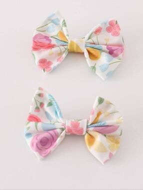 Floral Print Girls' Hair Bows - Set Of 2 White Multicolor